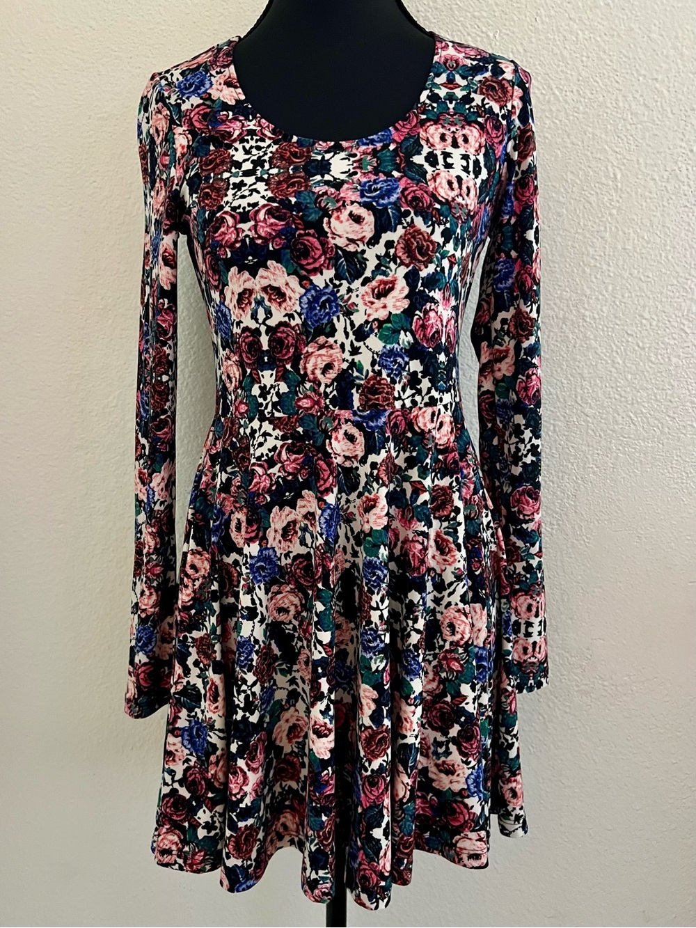 Show Me Your MuMu Floral Long-Sleeve Skater Dress in Pink, Blue, Black and White